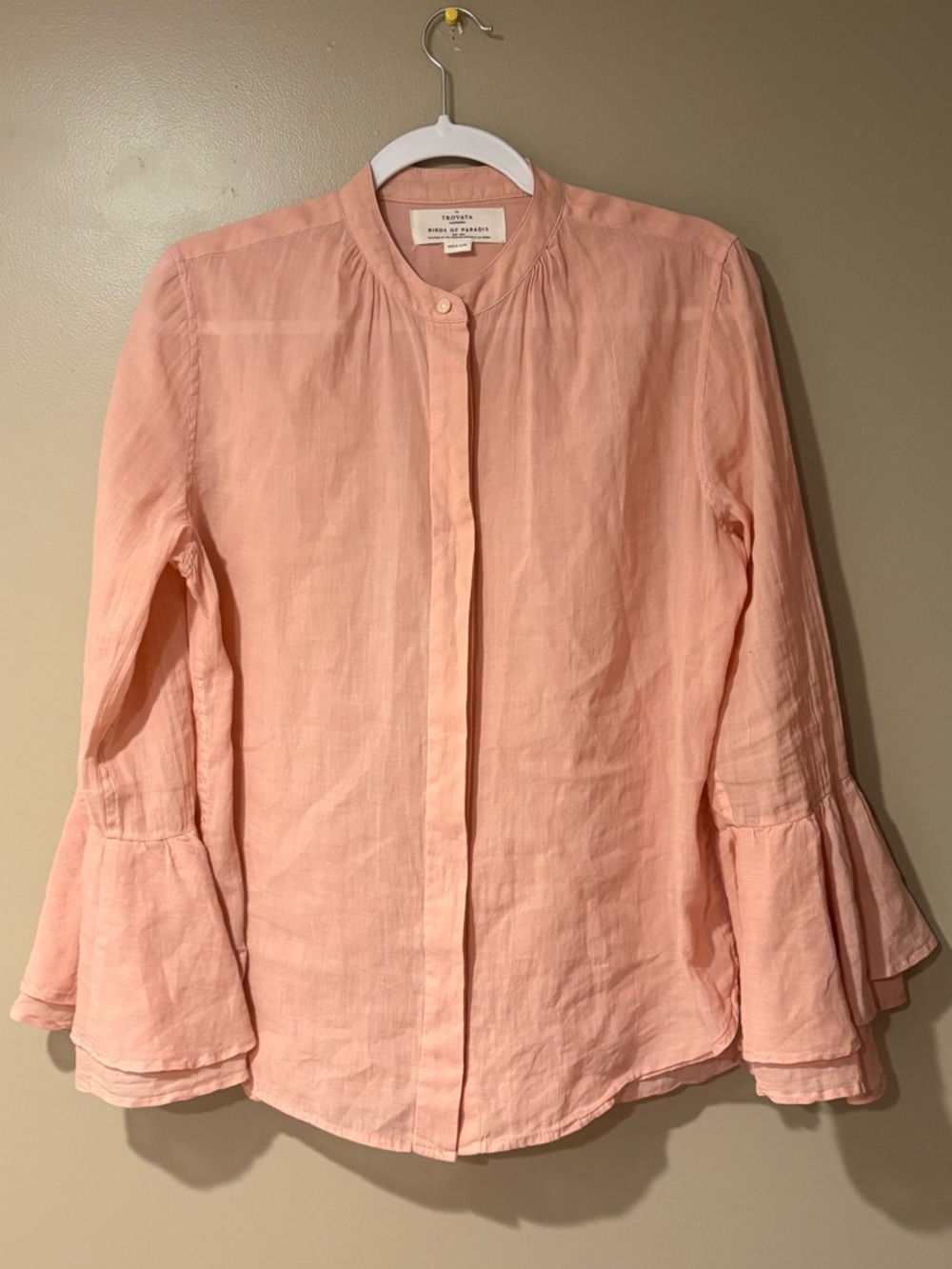 trovata lightweight blush pink button up peplum sleeve feminine blouse